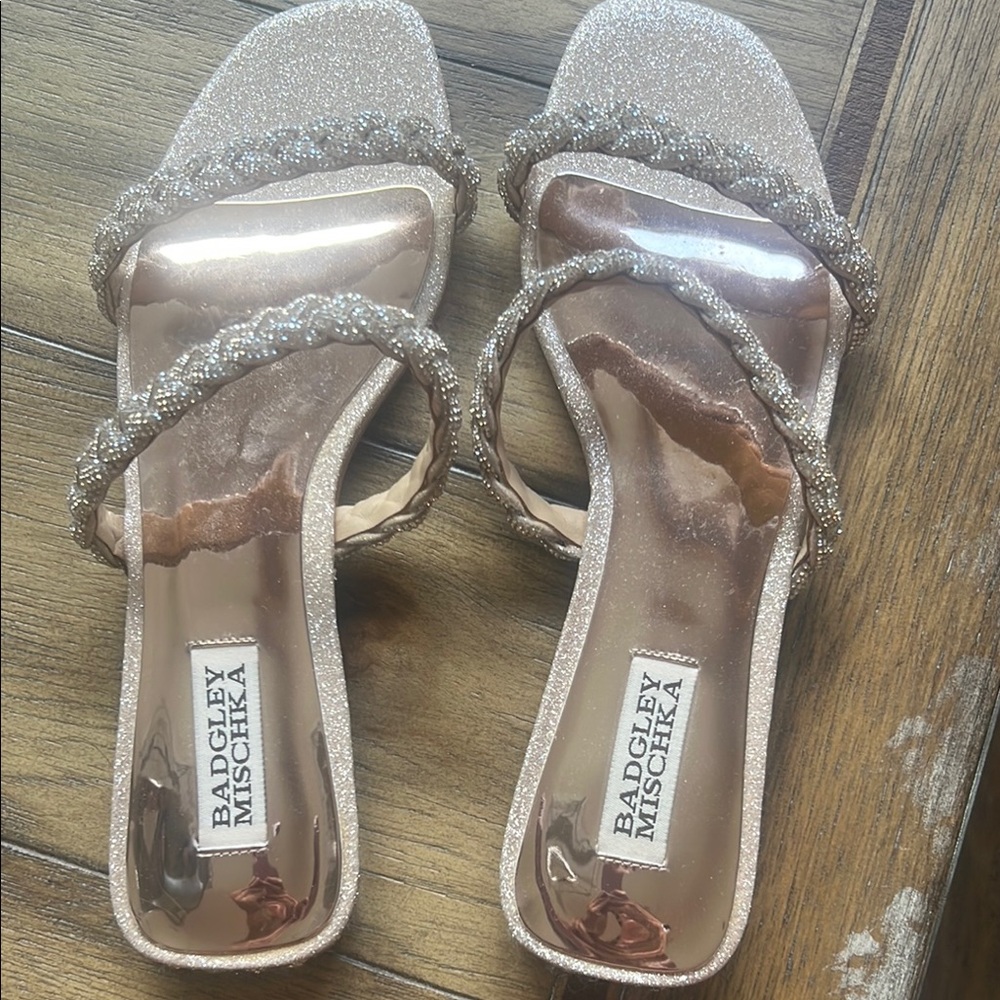 Badgley Mischka Rose Gold Glitter Braided Strap Sandals